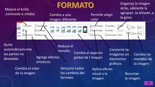 Quita
automáticamente
las partes no
deseadas
Mejora el brillo
,contraste o nitidez
Cambia el color
de la imagen
Agrega efectos
artísticos
Reduce el
tamaño
Cambia a una
imagen diferente
Descarta todos
los cambios del
formato
Cambia el aspecto
global de l imagen
Permite elegir
color
Aplica efecto
visual a la
imagen
Convierte las
imágenes en
elementos
gráficos
Organiza la imagen
atrás, adelante la
agrupan ,la alinean ,o
la giran
Recortan
la imagen
Cambia las
medidas de
la imagen
 