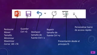 Restaurar
Mover
Tamaño
Minimizar
Maximizar
Cerrar Alt + f4
Guardar
Ctrl +G Deshacer
tamaño de
fuente Ctrl + z
Repetir
tamaño de
fuente Ctrl +y
Presentación desde el
principio f5
Personalizar barra
de acceso rápido
 