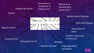 Negrita Ctrl+N
Cursiva Ctrl+K
Subrayado Ctrl +S
Sombra de texto
Tachado
Espaciado entre
caracteres
Cambiar mayúscula
a minúscula
Personaliza el
texto
Fuente
Tamaño de fuente
Aumentar el
tamaño de la
fuente Ctrl+¡
Disminuir el
tamaño de la
fuente Ctrl +´
Color de la fuente
Borrar todo el formato
 