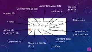 Alinear a la
izquierda Ctrl+Q
Centrar Ctrl +T
Viñetas
Numeración
Alinear a la derecha
Ctrl +D
Disminuir nivel de lista
Aumentar nivel de lista
Interlineado
Justificar
Agregar o quitar
columnas
Dirección
del texto
Alinear texto
Convierte en un
grafico SmartArt
 