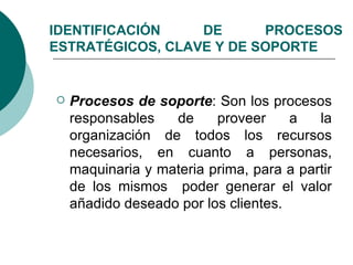 IDENTIFICACIÓN    DE      PROCESOS
ESTRATÉGICOS, CLAVE Y DE SOPORTE


   Procesos de soporte: Son los procesos
    responsables   de     proveer     a   la
    organización de todos los recursos
    necesarios, en cuanto a personas,
    maquinaria y materia prima, para a partir
    de los mismos poder generar el valor
    añadido deseado por los clientes.
 