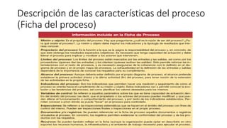 Descripción de las características del proceso
(Ficha del proceso)
 