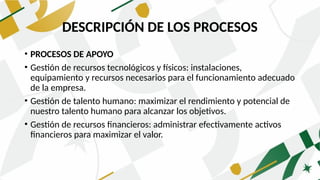 DESCRIPCIÓN DE LOS PROCESOS
• PROCESOS DE APOYO
• Gestión de recursos tecnológicos y físicos: instalaciones,
equipamiento y recursos necesarios para el funcionamiento adecuado
de la empresa.
• Gestión de talento humano: maximizar el rendimiento y potencial de
nuestro talento humano para alcanzar los objetivos.
• Gestión de recursos financieros: administrar efectivamente activos
financieros para maximizar el valor.
 