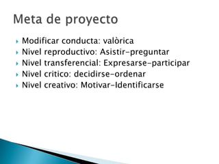 Modificar conducta: valòricaNivel reproductivo: Asistir-preguntarNivel transferencial: Expresarse-participarNivel critico: decidirse-ordenarNivel creativo: Motivar-IdentificarseMeta de proyecto