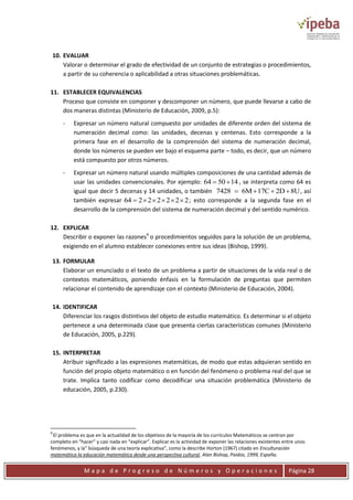 M a p a d e P r o g r e s o d e N ú m e r o s y O p e r a c i o n e s Página 28
10. EVALUAR
Valorar o determinar el grado de efectividad de un conjunto de estrategias o procedimientos,
a partir de su coherencia o aplicabilidad a otras situaciones problemáticas.
11. ESTABLECER EQUIVALENCIAS
Proceso que consiste en componer y descomponer un número, que puede llevarse a cabo de
dos maneras distintas (Ministerio de Educación, 2009, p.5):
- Expresar un número natural compuesto por unidades de diferente orden del sistema de
numeración decimal como: las unidades, decenas y centenas. Esto corresponde a la
primera fase en el desarrollo de la comprensión del sistema de numeración decimal,
donde los números se pueden ver bajo el esquema parte – todo, es decir, que un número
está compuesto por otros números.
- Expresar un número natural usando múltiples composiciones de una cantidad además de
usar las unidades convencionales. Por ejemplo: 64 50 14  , se interpreta como 64 es
igual que decir 5 decenas y 14 unidades, o también 7428 6M 17C 2D 8U    , así
también expresar 64 2 2 2 2 2 2      ; esto corresponde a la segunda fase en el
desarrollo de la comprensión del sistema de numeración decimal y del sentido numérico.
12. EXPLICAR
Describir o exponer las razones9
o procedimientos seguidos para la solución de un problema,
exigiendo en el alumno establecer conexiones entre sus ideas (Bishop, 1999).
13. FORMULAR
Elaborar un enunciado o el texto de un problema a partir de situaciones de la vida real o de
contextos matemáticos, poniendo énfasis en la formulación de preguntas que permiten
relacionar el contenido de aprendizaje con el contexto (Ministerio de Educación, 2004).
14. IDENTIFICAR
Diferenciar los rasgos distintivos del objeto de estudio matemático. Es determinar si el objeto
pertenece a una determinada clase que presenta ciertas características comunes (Ministerio
de Educación, 2005, p.229).
15. INTERPRETAR
Atribuir significado a las expresiones matemáticas, de modo que estas adquieran sentido en
función del propio objeto matemático o en función del fenómeno o problema real del que se
trate. Implica tanto codificar como decodificar una situación problemática (Ministerio de
educación, 2005, p.230).
9
El problema es que en la actualidad de los objetivos de la mayoría de los currículos Matemáticos se centran por
completo en “hacer” y casi nada en “explicar”. Explicar es la actividad de exponer las relaciones existentes entre unos
fenómenos, y la” búsqueda de una teoría explicativa”, como la describe Horton (1967) citado en Enculturación
matemática la educación matemática desde una perspectiva cultural, Alan Bishop, Paidos, 1999, España.
 