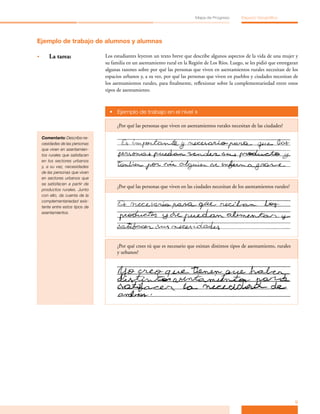 Mapa de Progreso       Espacio Geográfico




Ejemplo de trabajo de alumnos y alumnas

•	       La tarea:                Los estudiantes leyeron un texto breve que describe algunos aspectos de la vida de una mujer y
                                  su familia en un asentamiento rural en la Región de Los Ríos. Luego, se les pidió que entregaran
                                  algunas razones sobre por qué las personas que viven en asentamientos rurales necesitan de los
                                  espacios urbanos y, a su vez, por qué las personas que viven en pueblos y ciudades necesitan de
                                  los asentamientos rurales, para finalmente, reflexionar sobre la complementariedad entre estos
                                  tipos de asentamiento.



                                    •	 Ejemplo de trabajo en el nivel »

                                       ¿Por qué las personas que viven en asentamientos rurales necesitan de las ciudades?

     Comentario: Describe ne-
     cesidades de las personas
     que viven en asentamien-
     tos rurales que satisfacen
     en los sectores urbanos
     y, a su vez, necesidades
     de las personas que viven
     en sectores urbanos que
     se satisfacen a partir de
                                       ¿Por qué las personas que viven en las ciudades necesitan de los asentamientos rurales?
     productos rurales. Junto
     con ello, da cuenta de la
     complementariedad exis-
     tente entre estos tipos de
     asentamientos.




                                       ¿Por qué crees tú que es necesario que existan distintos tipos de asentamiento, rurales
                                       y urbanos?




                                                                                                                                 9
 