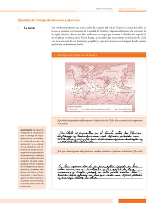 Mapa de Progreso       Espacio Geográfico




Ejemplo de trabajo de alumnos y alumnas

•	       La tarea:                    Los estudiantes leyeron una noticia sobre la erupción del volcán Chaitén en mayo del 2008, en
                                      la que se describe la evacuación de la ciudad de Chaitén y algunas referencias a la extensión de
                                      la región afectada. Junto con ello, analizaron un mapa que muestra la distribución superficial
                                      de las placas tectónicas de la Tierra. Luego, se les pidió que relacionaran la ubicación de Chile
                                      con la ocurrencia de este fenómeno geográfico y que determinaran otros lugares donde pudiese
                                      producirse un fenómeno similar.



                                        •	 Ejemplo de trabajo en el nivel »




                                           ¿Qué relación puedes establecer entra la ubicación de Chile y la ocurrencia de erupciones
                                           volcánicas?

     Comentario: Es capaz de
     interpretar la información
     que le entrega el mapa,
     aplicando sus conocimien-
     tos sobre el proceso de
     subducción y su vínculo
     con el volcanismo. Así, di-
     ferencia las zonas de con-
                                           ¿En qué otras regiones del planeta se pueden producir erupciones volcánicas? ¿Por qué?
     vergencia de placas de las
     de divergencia y localiza las
     zonas de posible actividad
     volcánica. De este modo,
     localiza a Chile en una zona
     de convergencia de placas
     tectónicas, al referirse a las
     placas de Nazca y Sud-
     americana y menciona a
     Japón, las islas cercanas a
     Australia y zonas cercanas
     a la India como zonas de
     subducción.




                                                                                                                                       13
 