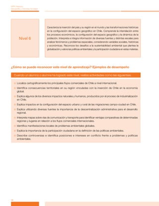 MPA Historia,
Geografía y Ciencias Sociales




                                     Caracteriza la inserción del país y su región en el mundo y las transformaciones históricas
                                     en la configuración del espacio geográfico en Chile. Comprende la interrelación entre
                                     los procesos económicos, la configuración del espacio geográfico y la dinámica de la
         Nivel 6                     población. Interpreta e integra información de diversas fuentes y distintas escalas para
                                     analizar fenómenos y problemas espaciales, considerando variables sociales, históricas
                                     y económicas. Reconoce los desafíos a la sustentabilidad ambiental que plantea la
                                     globalización y valora las políticas ambientales y la participación ciudadana en estas materias.




¿Cómo se puede reconocer este nivel de aprendizaje? Ejemplos de desempeño

     Cuando un alumno o alumna ha logrado este nivel, realiza actividades como las siguientes:


     Localiza    cartográficamente los principales flujos comerciales de Chile a nivel internacional.
     Identifica   consecuencias territoriales en su región vinculadas con la inserción de Chile en la economía
       global.
     Explica algunos de los diversos impactos naturales y humanos, producidos por el proceso de industrialización
       en Chile.
     Explica   impactos en la configuración del espacio urbano y rural de las migraciones campo-ciudad en Chile.
     Explica utilizando diversas fuentes la importancia de la descentralización administrativa para el desarrollo
       regional.
     Interpreta mapas sobre vías de comunicación y transporte para identificar ventajas comparativas de determinadas
       regiones y lugares en relación a los flujos comerciales internacionales.
     Identifica   manifestaciones locales de problemas ambientales globales.
     Explica   la importancia de la participación ciudadana en la definición de las políticas ambientales.
     Describe controversias e identifica posiciones e intereses en conflicto frente a problemas y políticas
       ambientales.




16
 