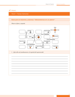 Mapa de Progreso               Espacio Geográfico




? Anexo
  Nivel 1 / Tareas Aplicadas



  Guía para el alumno y alumna: “Ubicándonos en un plano”

  Observa el plano y responde:


                                                                                                                       Norte


                                                                                                             Oeste              Este
                                          Escuela                                           Casa de Felipe
                             Los Cisnes



                                                                                                                        Sur

                                                      Las Águilas              Las Camelias
                                                                      Plaza
                                                                                                                       Bomberos
                                            Iglesia


                                                                                                  Las Damelias
                  Casa de Juan                                                              Supermercado

                                                                                El Huemul         $

                                     Los Jazmines
                                           Hospital                 Casa de Sofía                                    Carabineros




  1. ¿Qué calle está inmediatamente a la izquierda del supermercado?




                                                                                                                                                    21
 