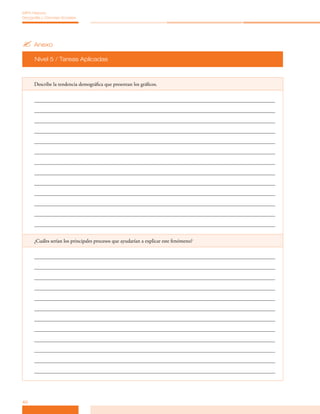 MPA Historia,
Geografía y Ciencias Sociales




? Anexo
      Nivel 5 / Tareas Aplicadas



      Describe la tendencia demográfica que presentan los gráficos.




      ¿Cuáles serían los principales procesos que ayudarían a explicar este fenómeno?




40
 