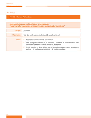 MPA Historia,
Geografía y Ciencias Sociales




? Anexo
      Nivel 6 / Tareas Aplicadas



      Instrucciones para el profesor o profesora:
      “Las transformaciones productivas de la agricultura chilena”


                Tiempo:         45 minutos.


           Materiales:          Guía “Las transformaciones productivas de la agricultura chilena”.


                  Tarea:        •	 Distribuya a cada estudiante una guía de trabajo.

                                •	 Luego, lea la guía en conjunto con los estudiantes y aclare todas las dudas relacionadas con la
                                   comprensión de los textos y gráficos así como de las preguntas.

                                •	 Una vez explicadas las dudas se espera que los estudiantes desarrollen la tarea en forma inde­
                                   pendiente y sin ayuda de otros compañeros o del profesor o profesora.




42
 