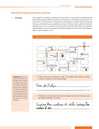 Mapa de Progreso                 Espacio Geográfico




Ejemplo de trabajo de alumnos y alumnas

•	       La tarea:                   Se les entregó a los estudiantes un plano de un centro urbano en el que aparecen señaladas distintas
                                     dependencias y lugares públicos y privados (casas de personas). En el plano se incluyó una “rosa
                                     de los vientos”. A continuación se les formularon cuatro preguntas, en dos de ellas se les pedía que
                                     localizaran, utilizando los puntos cardinales y puntos de referencia relativos, distintos elementos
                                     del plano. En la tercera se les daba la descripción de un recorrido, solicitándoles que explicaran
                                     adónde llegaban, y en la cuarta pregunta se les pedía que elaboraran instrucciones para desplazarse
                                     desde un punto del plano a otro.



                                       •	 Ejemplo de trabajo en el nivel »


                                                                                                                                                  Norte


                                                                                                                                        Oeste             Este
                                                                     Escuela                                           Casa de Felipe
                                                        Los Cisnes
                                                                                                                                                   Sur

                                                                                                          Las Camelias

                                                                                 Las Águilas
                                                                                                 Plaza
                                                                                                                                                  Bomberos
                                                                       Iglesia


                                                                                                                             Las Damelias
                                             Casa de Juan                                                              Supermercado




                                                                                                           El Huemul
                                                                                                                             $

                                                                Los Jazmines
                                                                      Hospital                 Casa de Sofía                                    Carabineros




     Comentario: Al trazar el re-          3. Si Juan sale de su casa, sube hasta la calle “Las Camelias”, luego dobla a la derecha
     corrido e identificar la casa            y camina 3 cuadras, ¿a la casa de quién llega?
     de Felipe pone en evidencia
     que utiliza puntos de refe-
     rencia relativos para ubicar-
     se en el plano. Además al
     dar instrucciones utilizando
     los puntos cardinales oeste
     y sur demuestra que tam-
     bién es capaz de orientarse
     y trazar recorridos sobre el
     plano dando instrucciones
                                           4. Felipe irá a ver a su hermano recién nacido al hospital. Escribe las instrucciones para
     que incluyen los puntos                  que Felipe pueda llegar a su destino.
     cardinales.




                                                                                                                                                                 7
 