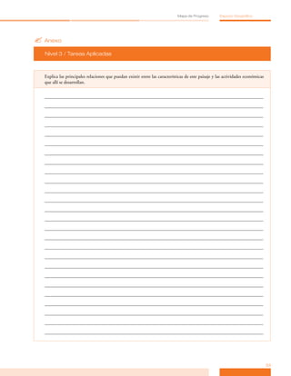 Mapa de Progreso        Espacio Geográfico




? Anexo
  Nivel 3 / Tareas Aplicadas



  Explica las principales relaciones que puedan existir entre las características de este paisaje y las actividades económicas
  que allí se desarrollan.




                                                                                                                                 33
 