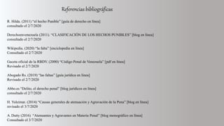 Referencias bibliográficas
R. Hilda. (2011) “el hecho Punible” [guía de derecho en línea]
consultado el 2/7/2020
Derechoenvenezuela (2011). “CLASIFICACIÓN DE LOS HECHOS PUNIBLES” [blog en línea]
consultado el 2/7/2020
Wikipedia. (2020) “la falta” [enciclopedia en línea]
Consultado el 2/7/2020
Gaceta oficial de la RBDV. (2000) “Código Penal de Venezuela” [pdf en línea]
Revisado el 2/7/2020
Abogado Rs. (2019) “las faltas” [guía jurídica en línea]
Revisado el 2/7/2020
Abbo.es “Delito, el derecho penal” [blog jurídicos en línea]
consultado el 2/7/2020
H. Yuleimar. (2014) “Causas generales de atenuación y Agravación de la Pena” [blog en línea]
revisado el 3/7/2020
A. Dutty (2016) “Atenuantes y Agravantes en Materia Penal” [blog monográfico en línea]
Consultado el 3/7/2020
 