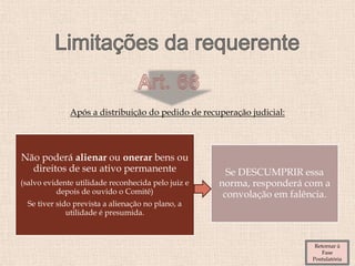 Após a distribuição do pedido de recuperação judicial:
Não poderá alienar ou onerar bens ou
direitos de seu ativo permanente
(salvo evidente utilidade reconhecida pelo juiz e
depois de ouvido o Comitê)
Se tiver sido prevista a alienação no plano, a
utilidade é presumida.
Se DESCUMPRIR essa
norma, responderá com a
convolação em falência.
Retornar à
Fase
Postulatória
 