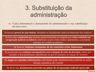  O juiz determinará o afastamento do administrador e sua substituição
em seis casos:
Se tiver sido condenado por sentença penal transitada em julgado por crime cometido em
recuperação judicial ou falência anteriores ou por crime contra o patrimônio, a economia
popular ou a ordem econômica
Se houver indícios veementes de ter cometido crime falimentar
Se houver provas de ação dolosa, simulada ou fraudulenta contra os interesses dos credores
Se incorrerem em condutas incompatíveis com a situação de crise da devedora, como, por
exemplo, a descapitalização injustificada ou graves omissões na relação de credores
Se negar-se a prestar informações solicitadas pelo administrador judicial ou pelos
demais membros do Comitê
Se tiver seu afastamento previsto no plano de recuperação judicial aprovado
 