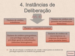  Art. 26: em relação à constituição do comitê, votam juntos os credores de
privilegio especial e os credores de garantia real.
Titulares de créditos
trabalhistas
Titulares de créditos com
garantia real (instituições
financeiras)
Titulares de créditos quirografários,
com privilégio especial, com
privilégio geral ou subordinados
(interesses heterogêneos)
Titulares de créditos de
microempresas ou
empresas de pequeno
porte (recebem antes)
Plenário – competência residual
Próximo
 