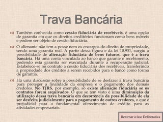  Também conhecida como cessão fiduciária de recebíveis, é uma opção
de garantia em que os direitos creditórios funcionam como bens móveis
e podem ser objeto de cessão fiduciária.
 O alienante não tem a posse nem os encargos do direito de propriedade,
sendo uma garantia real. A partir dessa figura e da lei 10.931, surgiu a
possibilidade de alienação fiduciária de bens futuros, que é a trava
bancária. Há uma conta vinculada ao banco que garante o recebimento,
podendo esta garantia ser executada durante a recuperação judicial.
Estabelece-se no contrato a cessão fiduciária dos recebíveis, transferindo
a propriedade dos créditos a serem recebidos para o banco como forma
de garantia.
 Há uma discussão sobre a possibilidade de se desfazer a trava bancária
para proteger a finalidade da empresa e o pagamento dos demais
credores. No TJRS, por exemplo, só existe alienação fiduciária se os
contratos forem arquivados. O que se tem visto é uma diminuição da
utilização dessa trava bancária em decorrência da possibilidade de ela
ser desfeita judicialmente para o pagamento de outros credores, o que é
prejudicial para o fundamental oferecimento de crédito para as
atividades empresariais.
Retornar à fase Deliberativa
 