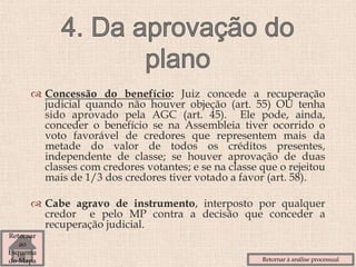  Concessão do benefício: Juiz concede a recuperação
judicial quando não houver objeção (art. 55) OU tenha
sido aprovado pela AGC (art. 45). Ele pode, ainda,
conceder o benefício se na Assembleia tiver ocorrido o
voto favorável de credores que representem mais da
metade do valor de todos os créditos presentes,
independente de classe; se houver aprovação de duas
classes com credores votantes; e se na classe que o rejeitou
mais de 1/3 dos credores tiver votado a favor (art. 58).
 Cabe agravo de instrumento, interposto por qualquer
credor e pelo MP contra a decisão que conceder a
recuperação judicial.
Retornar à análise processual
Retornar
ao
Esquema
do Mapa
 