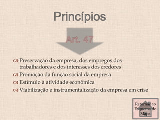  Preservação da empresa, dos empregos dos
trabalhadores e dos interesses dos credores
 Promoção da função social da empresa
 Estímulo à atividade econômica
 Viabilização e instrumentalização da empresa em crise
Retornar ao
Esquema do
Mapa
 