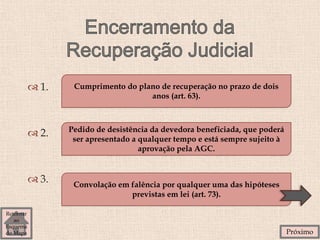  1.
 2.
 3.
Cumprimento do plano de recuperação no prazo de dois
anos (art. 63).
Pedido de desistência da devedora beneficiada, que poderá
ser apresentado a qualquer tempo e está sempre sujeito à
aprovação pela AGC.
Convolação em falência por qualquer uma das hipóteses
previstas em lei (art. 73).
Retornar
ao
Esquema
do Mapa Próximo
 
