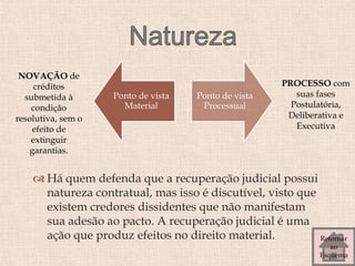  Há quem defenda que a recuperação judicial possui
natureza contratual, mas isso é discutível, visto que
existem credores dissidentes que não manifestam
sua adesão ao pacto. A recuperação judicial é uma
ação que produz efeitos no direito material.
Ponto de vista
Material
Ponto de vista
Processual
NOVAÇÃO de
créditos
submetida à
condição
resolutiva, sem o
efeito de
extinguir
garantias.
PROCESSO com
suas fases
Postulatória,
Deliberativa e
Executiva
Retornar
ao
Esquema
 
