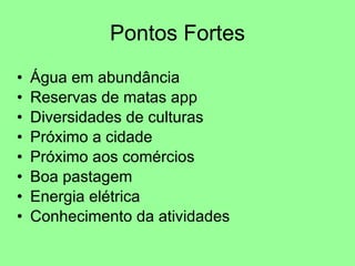Pontos Fortes Água em abundância Reservas de matas app Diversidades de culturas Próximo a cidade Próximo aos comércios Boa pastagem Energia elétrica Conhecimento da atividades 