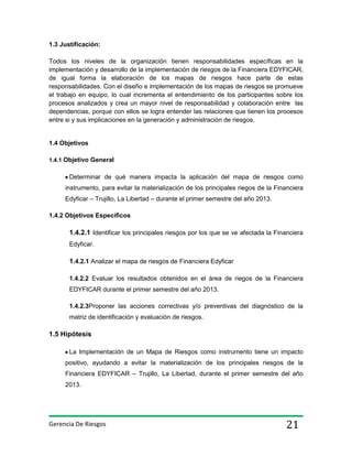 1.3 Justificación:
Todos los niveles de la organización tienen responsabilidades específicas en la
implementación y desarrollo de la implementación de riesgos de la Financiera EDYFICAR,
de igual forma la elaboración de los mapas de riesgos hace parte de estas
responsabilidades. Con el diseño e implementación de los mapas de riesgos se promueve
el trabajo en equipo, lo cual incrementa el entendimiento de los participantes sobre los
procesos analizados y crea un mayor nivel de responsabilidad y colaboración entre las
dependencias, porque con ellos se logra entender las relaciones que tienen los procesos
entre si y sus implicaciones en la generación y administración de riesgos.

1.4 Objetivos
1.4.1 Objetivo General

Determinar de qué manera impacta la aplicación del mapa de riesgos como
instrumento, para evitar la materialización de los principales riegos de la Financiera
Edyficar – Trujillo, La Libertad – durante el primer semestre del año 2013.
1.4.2 Objetivos Específicos

1.4.2.1 Identificar los principales riesgos por los que se ve afectada la Financiera
Edyficar.

1.4.2.1 Analizar el mapa de riesgos de Financiera Edyficar
1.4.2.2 Evaluar los resultados obtenidos en el área de riegos de la Financiera
EDYFICAR durante el primer semestre del año 2013.
1.4.2.3Proponer las acciones correctivas y/o preventivas del diagnóstico de la
matriz de identificación y evaluación de riesgos.

1.5 Hipótesis
La Implementación de un Mapa de Riesgos como instrumento tiene un impacto
positivo, ayudando a evitar la materialización de los principales riesgos de la
Financiera EDYFICAR – Trujillo, La Libertad, durante el primer semestre del año
2013.

Gerencia De Riesgos

21

 