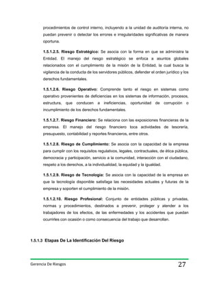 procedimientos de control interno, incluyendo a la unidad de auditoría interna, no
puedan prevenir o detectar los errores e irregularidades significativas de manera
oportuna.
1.5.1.2.5. Riesgo Estratégico: Se asocia con la forma en que se administra la
Entidad. El manejo del riesgo estratégico se enfoca a asuntos globales
relacionados con el cumplimiento de la misión de la Entidad, la cual busca la
vigilancia de la conducta de los servidores públicos, defender el orden jurídico y los
derechos fundamentales.
1.5.1.2.6. Riesgo Operativo: Comprende tanto el riesgo en sistemas como
operativo provenientes de deficiencias en los sistemas de información, procesos,
estructura,

que

conducen

a

ineficiencias,

oportunidad

de

corrupción

o

incumplimiento de los derechos fundamentales.
1.5.1.2.7. Riesgo Financiero: Se relaciona con las exposiciones financieras de la
empresa. El manejo del riesgo financiero toca actividades de tesorería,
presupuesto, contabilidad y reportes financieros, entre otros.
1.5.1.2.8. Riesgo de Cumplimiento: Se asocia con la capacidad de la empresa
para cumplir con los requisitos regulativos, legales, contractuales, de ética pública,
democracia y participación, servicio a la comunidad, interacción con el ciudadano,
respeto a los derechos, a la individualidad, la equidad y la igualdad.
1.5.1.2.9. Riesgo de Tecnología: Se asocia con la capacidad de la empresa en
que la tecnología disponible satisfaga las necesidades actuales y futuras de la
empresa y soporten el cumplimiento de la misión.
1.5.1.2.10. Riesgo Profesional: Conjunto de entidades públicas y privadas,
normas y procedimientos, destinados a prevenir, proteger y atender a los
trabajadores de los efectos, de las enfermedades y los accidentes que puedan
ocurrirles con ocasión o como consecuencia del trabajo que desarrollan.

1.5.1.3 Etapas De La Identificación Del Riesgo

Gerencia De Riesgos

27

 