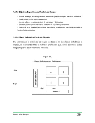 1.5.1.5 Objetivos Específicos del Análisis de Riesgo:
• Analizar el tiempo, esfuerzo y recursos disponibles y necesarios para atacar los problemas.
• Definir cuáles son los recursos existentes.
• Llevar a cabo un minucioso análisis de los riesgos y debilidades.
• Identificar, definir y revisar todos los controles de seguridad ya existentes.
• Determinar si es necesario incrementar las medidas de seguridad, los costos del riesgo y
los beneficios esperados.

1.5.1.6. Matriz de Priorización de los Riesgos:
Una vez realizado el análisis de los riesgos con base en los aspectos de probabilidad e
impacto, se recomienda utilizar la matriz de priorización que permite determinar cuáles
riesgos requieren de un tratamiento inmediato

Figura 2.1.
Matriz De Priorización De Riesgos

Alta

Baja
Bajo

Gerencia De Riesgos

Alto

30

 