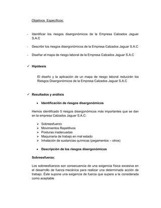 Objetivos Específicos:

-

Identificar los riesgos disergonómicos de la Empresa Calzados Jaguar
S.A.C

-

Describir los riesgos disergonómicos de la Empresa Calzados Jaguar S.A.C

-

Diseñar el mapa de riesgo laboral de la Empresa Calzados Jaguar S.A.C

 Hipótesis
El diseño y la aplicación de un mapa de riesgo laboral reducirán los
Riesgos Disergonómicos de la Empresa Calzados Jaguar S.A.C

 Resultados y análisis


Identificación de riesgos disergonómicos

Hemos identificado 5 riesgos disergonómicos más importantes que se dan
en la empresa Calzados Jaguar S.A.C:






Sobreesfuerzo
Movimientos Repetitivos
Posturas inadecuadas
Maquinaria de trabajo en mal estado
Inhalación de sustancias químicas (pegamentos – otros)



Descripción de los riesgos disergonómicos

Sobreesfuerzo:
Los sobreesfuerzos son consecuencia de una exigencia física excesiva en
el desarrollo de fuerza mecánica para realizar una determinada acción de
trabajo. Éste supone una exigencia de fuerza que supera a la considerada
como aceptable

 