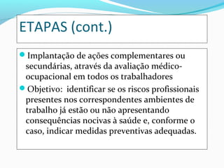 ETAPAS (cont.)
Implantação de ações complementares ou
secundárias, através da avaliação médico-
ocupacional em todos os trabalhadores
Objetivo: identificar se os riscos profissionais
presentes nos correspondentes ambientes de
trabalho já estão ou não apresentando
consequências nocivas à saúde e, conforme o
caso, indicar medidas preventivas adequadas.
 