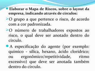 Elaborar o Mapa de Riscos, sobre o layout da
empresa, indicando através de círculos:
O grupo a que pertence o risco, de acordo
com a cor padronizada.
O número de trabalhadores expostos ao
risco, o qual deve ser anotado dentro do
círculo.
A especificação do agente (por exemplo:
químico - sílica, hexano, ácido clorídrico;
ou ergonômico/repetitividade, ritmo
excessivo) que deve ser anotada também
dentro do círculo.
 