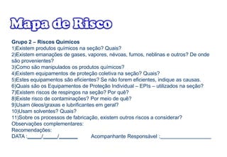 Grupo 2 – Riscos Químicos
1)Existem produtos químicos na seção? Quais?
2)Existem emanações de gases, vapores, névoas, fumos, neblinas e outros? De onde
são provenientes?
3)Como são manipulados os produtos químicos?
4)Existem equipamentos de proteção coletiva na seção? Quais?
5)Estes equipamentos são eficientes? Se não forem eficientes, indique as causas.
6)Quais são os Equipamentos de Proteção Individual – EPIs – utilizados na seção?
7)Existem riscos de respingos na seção? Por quê?
8)Existe risco de contaminações? Por meio de quê?
9)Usam óleos/graxas e lubrificantes em geral?
10)Usam solventes? Quais?
11)Sobre os processos de fabricação, existem outros riscos a considerar?
Observações complementares:
Recomendações:
DATA : / / Acompanhante Responsável :
 
