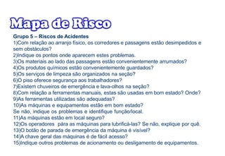 Grupo 5 – Riscos de Acidentes
1)Com relação ao arranjo físico, os corredores e passagens estão desimpedidos e
sem obstáculos?
2)Indique os pontos onde aparecem estes problemas.
3)Os materiais ao lado das passagens estão convenientemente arrumados?
4)Os produtos químicos estão convenientemente guardados?
5)Os serviços de limpeza são organizados na seção?
6)O piso oferece segurança aos trabalhadores?
7)Existem chuveiros de emergência e lava-olhos na seção?
8)Com relação a ferramentas manuais, estas são usadas em bom estado? Onde?
9)As ferramentas utilizadas são adequadas?
10)As máquinas e equipamentos estão em bom estado?
Se não, indique os problemas e identifique função/local.
11)As máquinas estão em local seguro?
12)Os operadores pára as máquinas para lubrificá-las? Se não, explique por quê.
13)O botão de parada de emergência da máquina é visível?
14)A chave geral das máquinas é de fácil acesso?
15)Indique outros problemas de acionamento ou desligamento de equipamentos.
 