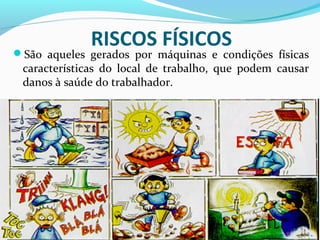 RISCOS FÍSICOS

São aqueles gerados por máquinas e condições físicas

características do local de trabalho, que podem causar
danos à saúde do trabalhador.

 