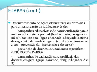 ETAPAS (cont.)
Desenvolvimento de ações elementares ou primárias

para a manutenção da saúde, através de:
campanhas educativas e de conscientização para a
melhoria da higiene pessoal (banho diário, lavagem de
mãos), habitacional (água encanada, adequado sistema
de esgotos) e da saúde em geral (combate ao fumo e ao
álcool, prevenção da hipertensão e do stress)
prevenção de doenças ocupacionais específicas
(LER, DORT e PAIRO)
campanhas de vacinação para profilaxia das
doenças em geral (gripe, sarampo, dengue,hepatite A e
B)

 