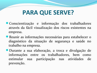 PARA QUE SERVE?
Conscientização e informação dos trabalhadores

através da fácil visualização dos riscos existentes na
empresa.
Reunir as informações necessárias para estabelecer o
diagnóstico da situação de segurança e saúde no
trabalho na empresa.
Durante a sua elaboração, a troca e divulgação de
informações entre os trabalhadores, bem como
estimular sua participação nas atividades de
prevenção.

 