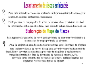  Para cada setor de serviço a ser analisado, utilizar um roteiro de abordagem, 
Para representar cada tipo de risco, convencionou-se usar uma cor diferente e 
16 
relatando os riscos ambientais encontrados. 
 Dialogar com os empregados do setor, de modo a obter o máximo possível 
de informações sobre sua atividade, sem contudo induzí-los ou direcioná-los. 
assinalá-los no mapa por meio de círculos. 
 Deve-se utilizar a planta física baixa ou o esboço do(s) setor (es) da empresa 
para indicar os locais de riscos. Essa planta deverá conter detalhamento do 
local, isto é, deve ter assinaladas as posições de máquinas e equipamentos, 
bancadas de trabalho, área de circulação de pessoas e materiais, etc. 
Sobre ela serão desenhados os círculos coloridos, correspondentes aos 
diferentes riscos e suas fontes de origem 
 