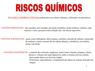 Os GASES, VAPORES E NÉVOAS podem provocar efeitos irritantes, asfixiantes ou anestésicos: 
• EFEITOS IRRITANTES - são causados, por exemplo, por ácido clorídrico, ácido sulfúrico, amônia, soda 
7 
cáustica e cloro, que provocam irritação das vias aéreas superiores . 
• EFEITOS ASFIXIANTES - gases como hidrogênio, hélio metano, acetileno, dióxido de carbono, monóxido 
de carbono e outros causam dor de cabeça náuseas, sonolência, convulsões, 
coma e até morte. 
• EFEITOS ANESTÉSICOS - a maioria dos solventes orgânicos, assim como o butano, propano, xileno, 
álcoois e tolueno tem ação depressiva sobre o sistema nervoso central, 
provocando danos aos diversos órgãos. 
O benzeno, especialmente, é responsável por danos ao sistema formador do 
sangue. 
 