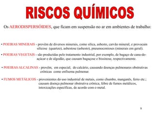 Os AERODISPERSÓIDES, que ficam em suspensão no ar em ambientes de trabalho: 
• POEIRAS MINERAIS - provêm de diversos minerais, como sílica, asbesto, carvão mineral, e provocam 
silicose (quartzo), asbestose (asbesto), pneumoconioses (minerais em geral). 
• POEIRAS VEGETAIS - são produzidas pelo tratamento industrial, por exemplo, de bagaço de cana-de-açúcar 
8 
e de algodão, que causam bagaçose e bissinose, respectivamente. 
• POEIRAS ALCALINAS - provêm, em especial, do calcário, causando doenças pulmonares obstrutivas 
crônicas como enfisema pulmonar. 
• FUMOS METÁLICOS - provenientes do uso industrial de metais, como chumbo, manganês, ferro etc.; 
causam doença pulmonar obstrutiva crônica, febre de fumos metálicos, 
intoxicações específicas, de acordo com o metal. 
 