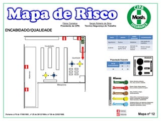 RISCO AGENTE
FONTE
GERADORA
RECOMENDAÇÕES
Ergonômico Postura Mobiliário
Usar ajustes do
mobiliário
Acidente
Perfuração por
agulha, Corte
Aplicador de
etiqueta,
Tesoura
Manter atenção
constante
População Exposta
Nº DE
FUNCIONÁRIOS
SEXO
M F
36 8 28
ENCABIDADO/QUALIDADE
Portaria s nº5 de 17/08/1992 , nº 25 de 29/12/1994 e nº 08 de 23/02/1999. Mapa nº 12
Flávia Cantalice
Presidente da CIPA
Sergio Roberto da Silva
Técnico Segurança do Trabalho
Mezanino
Qualidade
Encabidado
Materiais
Z
Saídadeemergência
 