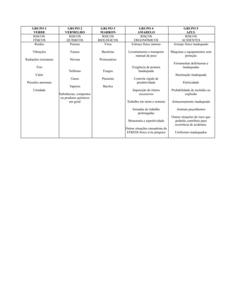GRUPO 1                 GRUPO 2               GRUPO 3               GRUPO 4                          GRUPO 5
     VERDE                 VERMELHO              MARRON                AMARELO                              AZUL
    RISCOS                   RISCOS                RISCOS                RISCOS                           RISCOS
    FÍSICOS                 QUÍMICOS            BIOLÓGICOS          ERGONÔMICOS                        ACIDENTES
     Ruídos                  Poeiras                Vírus          Esforço físico intenso         Arranjo físico inadequado

     Vibrações                Fumos              Bactérias       Levantamento e transporte      Máquinas e equipamentos sem
                                                                     manual de peso                       proteção
Radiações ionizantes          Névoas            Protozoários
                                                                                                  Ferramentas defeituosas e
        Frio                                                       Exigência de postura                 inadequadas
                             Neblinas             Fungos               Inadequada
       Calor                                                                                       Iluminação inadequada
                               Gases              Parasitas          Controle rígido de
 Pressões anormais                                                    produtividade                     Eletricidade
                              Vapores             Bacilos
     Umidade                                                        Imposição de ritmos         Probabilidade de incêndio ou
                       Substâncias, compostos                           excessivos                        explosão
                        ou produtos químicos
                              em geral                          Trabalho em turno e noturno     Armazenamento inadequado

                                                                    Jornadas de trabalho            Animais peçonhentos
                                                                        prolongadas
                                                                                                Outras situações de risco que
                                                                Monotonia e repetitividade        poderão contribuir para
                                                                                                  ocorrência de acidentes.
                                                               Outras situações causadoras do
                                                                STRESS físico e/ou psíquico        Uniformes inadequados
 