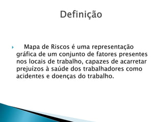  Mapa de Riscos é uma representação
gráfica de um conjunto de fatores presentes
nos locais de trabalho, capazes de acarretar
prejuízos à saúde dos trabalhadores como
acidentes e doenças do trabalho.
 