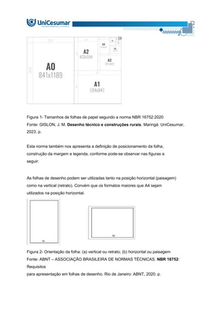 Figura 1- Tamanhos de folhas de papel segundo a norma NBR 16752:2020
Fonte: GISLON, J. M. Desenho técnico e construções rurais. Maringá: UniCesumar,
2023. p.
Esta norma também nos apresenta a definição de posicionamento da folha,
construção da margem e legenda, conforme pode-se observar nas figuras a
seguir:
As folhas de desenho podem ser utilizadas tanto na posição horizontal (paisagem)
como na vertical (retrato). Convém que os formatos maiores que A4 sejam
utilizados na posição horizontal.
Figura 2- Orientação da folha: (a) vertical ou retrato; (b) horizontal ou paisagem
Fonte: ABNT – ASSOCIAÇÃO BRASILEIRA DE NORMAS TÉCNICAS. NBR 16752:
Requisitos
para apresentação em folhas de desenho. Rio de Janeiro: ABNT, 2020. p.
 