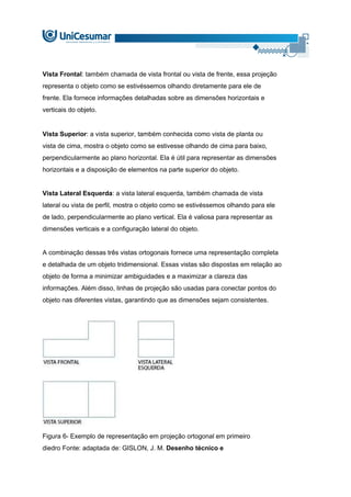 Vista Frontal: também chamada de vista frontal ou vista de frente, essa projeção
representa o objeto como se estivéssemos olhando diretamente para ele de
frente. Ela fornece informações detalhadas sobre as dimensões horizontais e
verticais do objeto.
Vista Superior: a vista superior, também conhecida como vista de planta ou
vista de cima, mostra o objeto como se estivesse olhando de cima para baixo,
perpendicularmente ao plano horizontal. Ela é útil para representar as dimensões
horizontais e a disposição de elementos na parte superior do objeto.
Vista Lateral Esquerda: a vista lateral esquerda, também chamada de vista
lateral ou vista de perfil, mostra o objeto como se estivéssemos olhando para ele
de lado, perpendicularmente ao plano vertical. Ela é valiosa para representar as
dimensões verticais e a configuração lateral do objeto.
A combinação dessas três vistas ortogonais fornece uma representação completa
e detalhada de um objeto tridimensional. Essas vistas são dispostas em relação ao
objeto de forma a minimizar ambiguidades e a maximizar a clareza das
informações. Além disso, linhas de projeção são usadas para conectar pontos do
objeto nas diferentes vistas, garantindo que as dimensões sejam consistentes.
Figura 6- Exemplo de representação em projeção ortogonal em primeiro
diedro Fonte: adaptada de: GISLON, J. M. Desenho técnico e
 