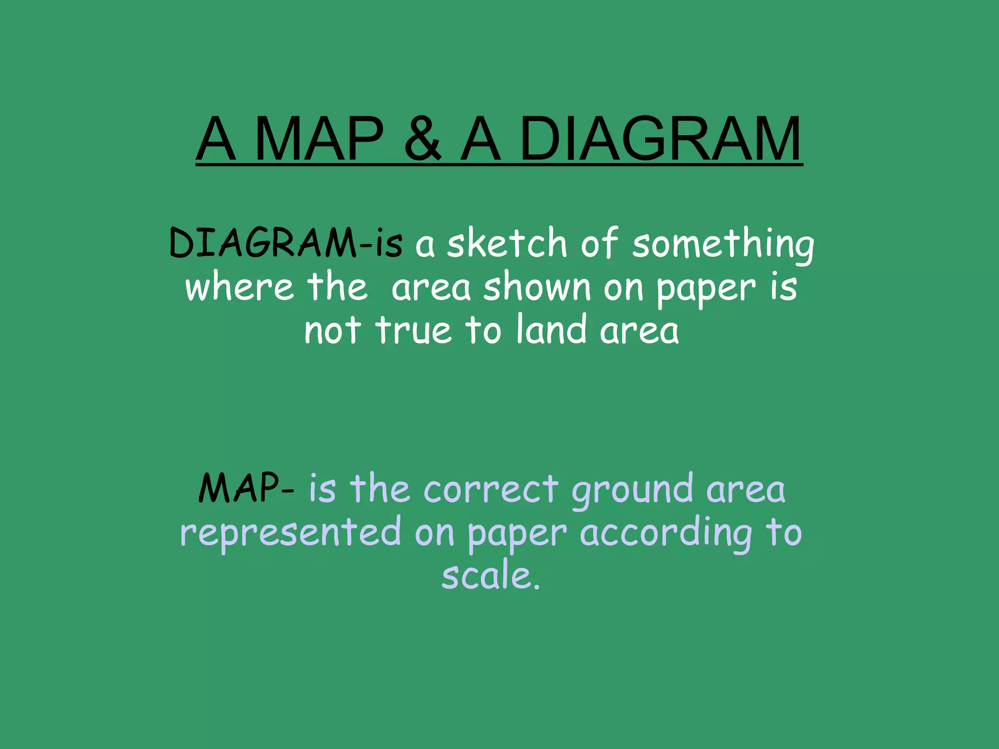A MAP & A DIAGRAM DIAGRAM-is  a sketch of something where the  area shown on paper is not true   to land area MAP-  is the correct ground area represented on paper according to scale. 
