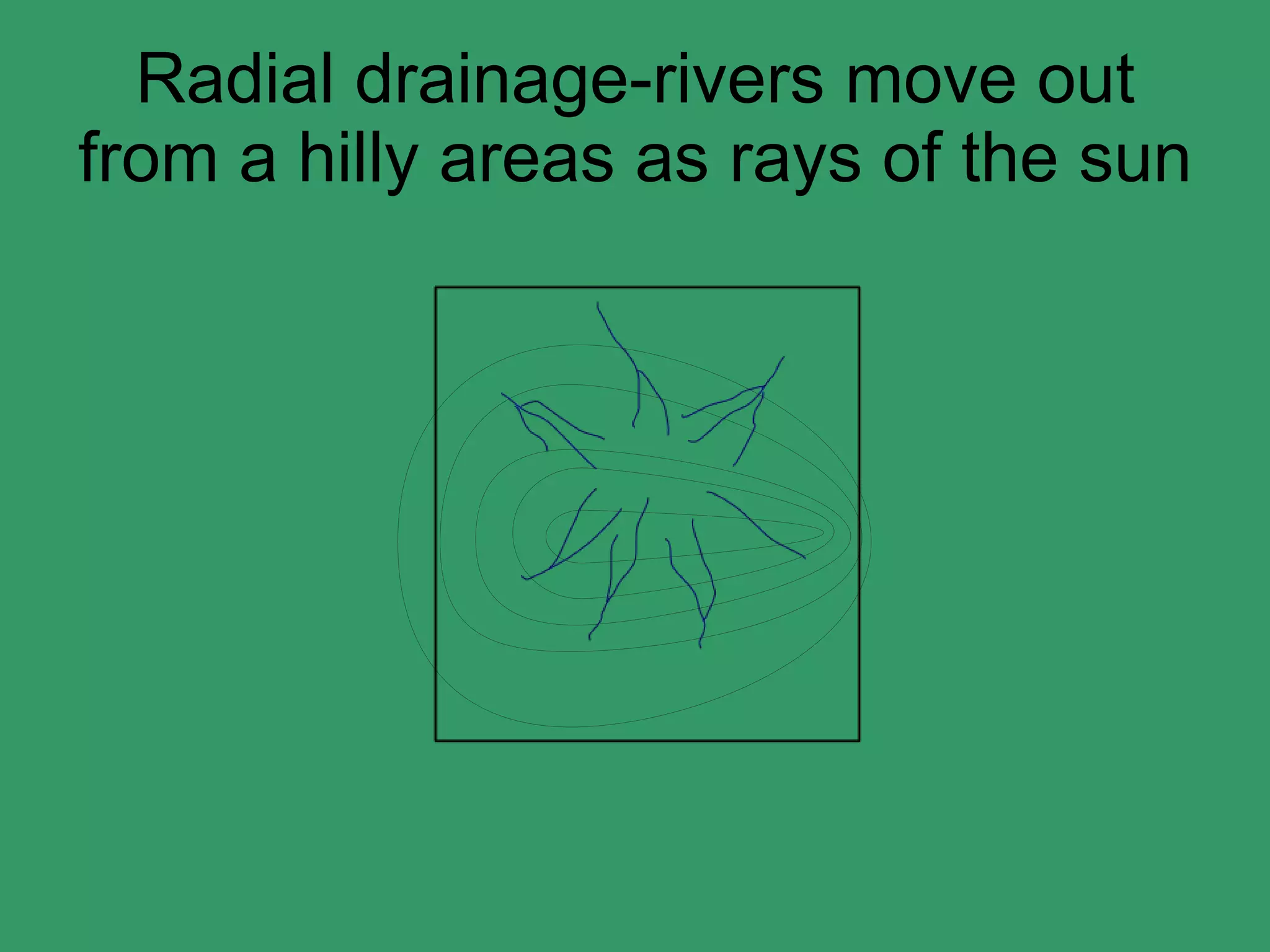 Radial drainage-rivers move out from a hilly areas as rays of the sun 
