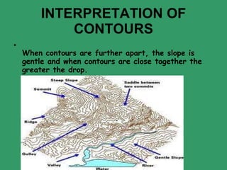 INTERPRETATION OF CONTOURS When contours are further apart, the slope is gentle and when contours are close together the greater the drop.  