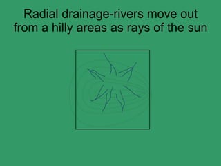 Radial drainage-rivers move out from a hilly areas as rays of the sun 